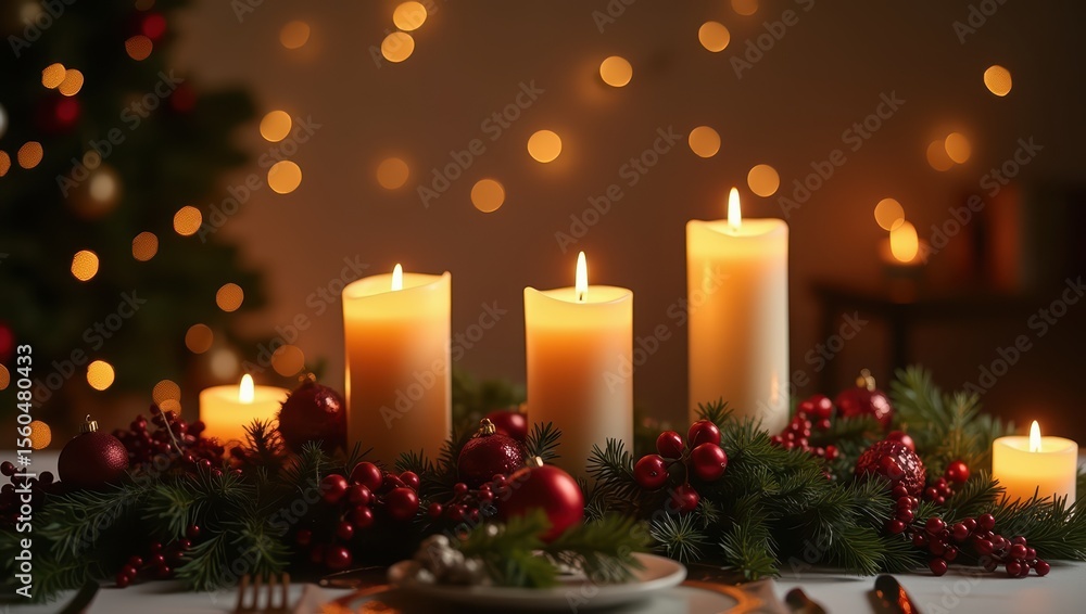 Candles and fir branches with red berry and ornament decoration. Christmas table setting for seasonal celebration. Candles and fir branches with red berry and ornament decoration. Christmas table setting for seasonal celebration.