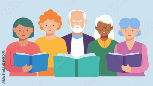A group of seniors participate in a virtual book club discussing and analyzing literature together promoting mental stimulation and social interaction.. Vector illustration