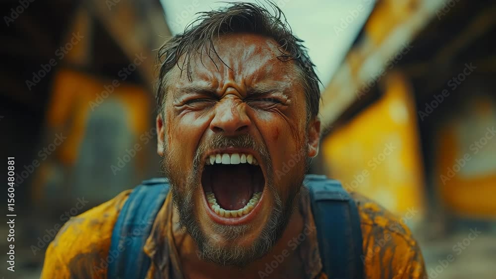 Close-up of a Man Screaming, Dirty, Desperate, Intense Emotion Close-up of a Man Screaming, Dirty, Desperate, Intense Emotion