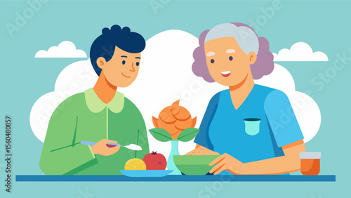 A home care professional preparing a nutritious meal for an elderly client discussing the importance of a healthy diet for brain function and disease prevention.. Vector illustration