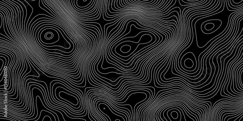abstract topographic map with white contour lines  and black background depicting abstract terrain and elevation patterns.