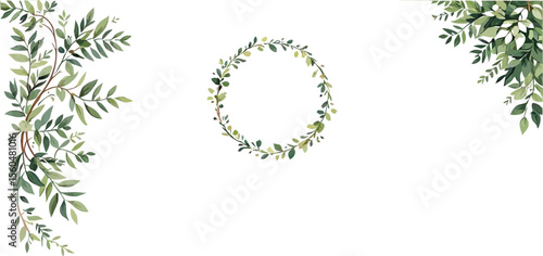 Leafy Green Botanical Frame Featuring Central Wreath and Foliage Corners in Minimalist Nature Design