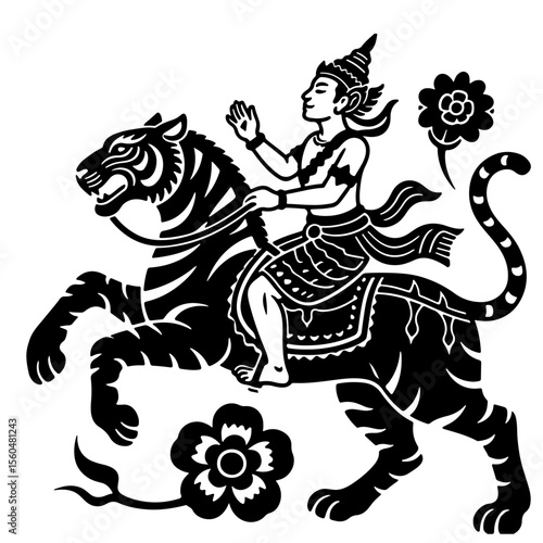 Black and white illustration of a man riding a tiger, Asian style vector art