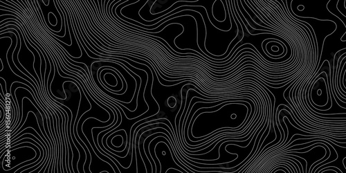 abstract topographic map with white contour lines  and black background depicting abstract terrain and elevation patterns.