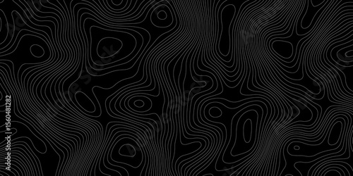 abstract topographic map with white contour lines  and black background depicting abstract terrain and elevation patterns.
