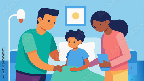 A father comforting his children as they gather in a hospital room to discuss their mothers recent stroke and the implications for her longterm care. The family is working together. Vector
