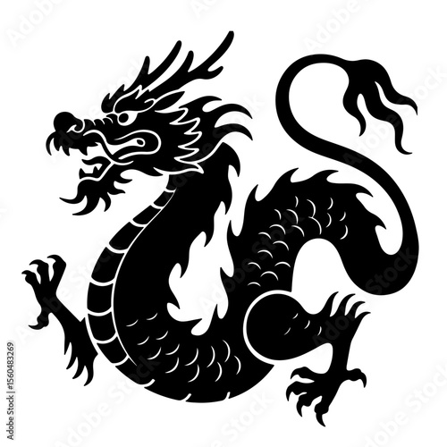 Black dragon illustration on white background, decorative design element.