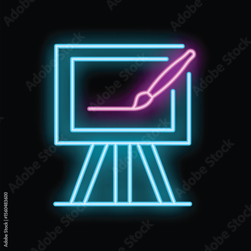 Bright neon icon of an easel with a canvas and a brush painting a line, representing artistic creation
