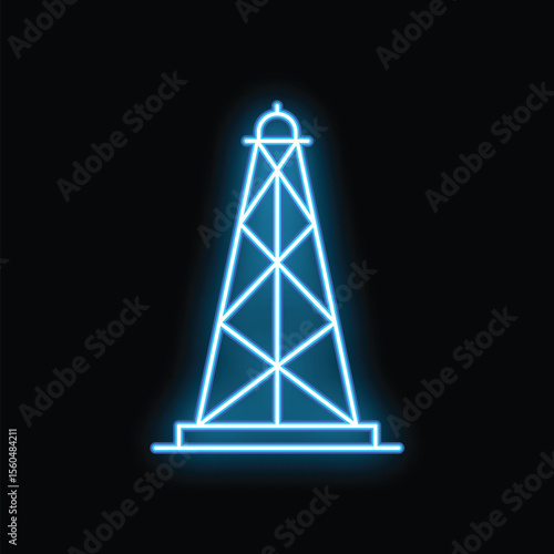 Blue neon sign illuminating a stylized oil derrick against a black background