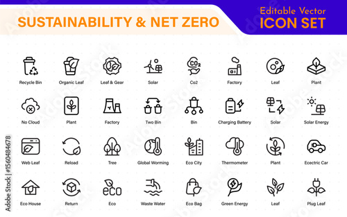 Set of sustainability and Net Zero, environmental, ecological, recyling, green, organic, industry thin line icons. Linear ecology simple symbol collection.