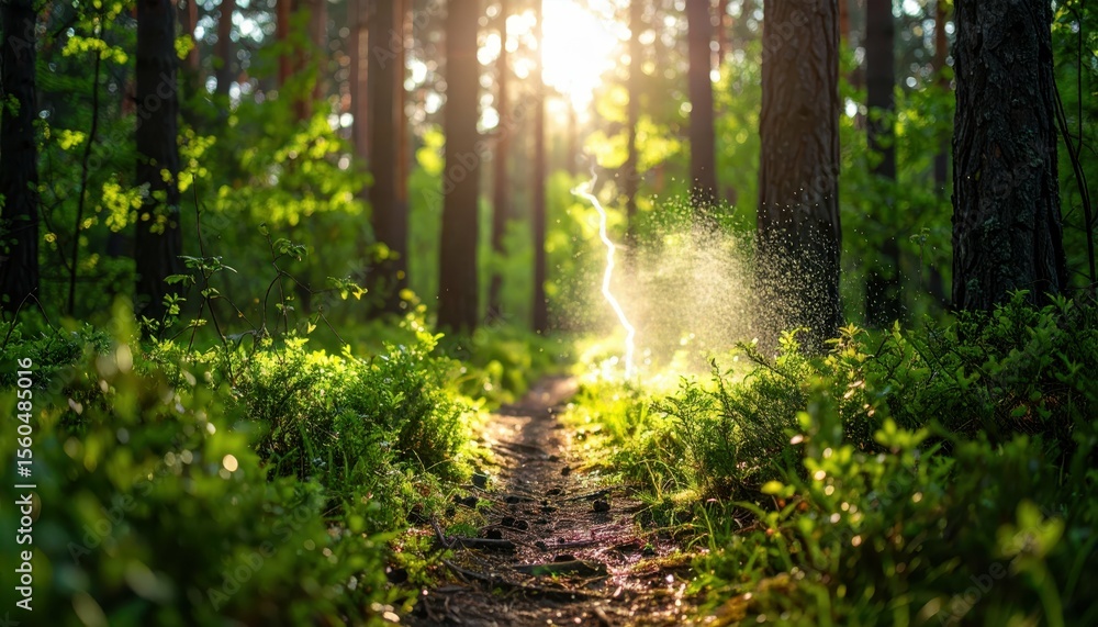Fototapeta premium Sunlight Through Forest Trees Illuminates Sprays on Woodland Trail