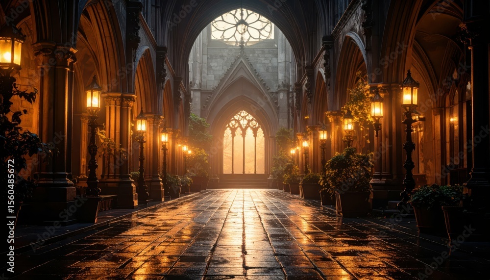 Fototapeta premium Gothic Courtyard with Golden Hour Glow and Rain-Blurred Lights