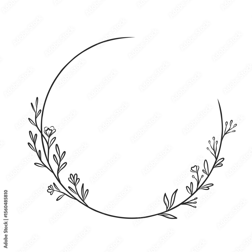 Minimalist Hand-Drawn Floral Wreath Frame with Leaves and Branches in a Circle Minimalist Hand-Drawn Floral Wreath Frame with Leaves and Branches in a Circle