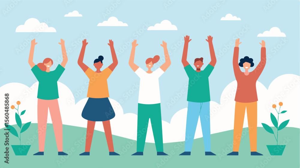 Fototapeta premium A group of individuals standing outdoors practicing deep breathing as they raise their arms above their heads and stretch their bodies releasing tension and promoting mindfulness.. Vector illustration