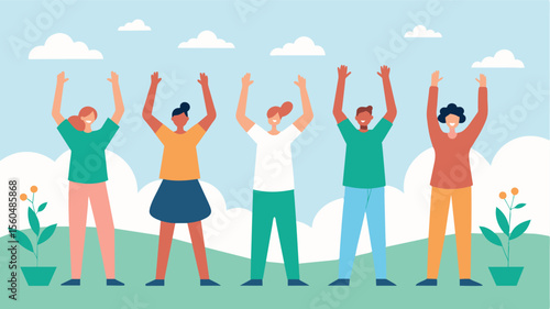 A group of individuals standing outdoors practicing deep breathing as they raise their arms above their heads and stretch their bodies releasing tension and promoting mindfulness.. Vector illustration