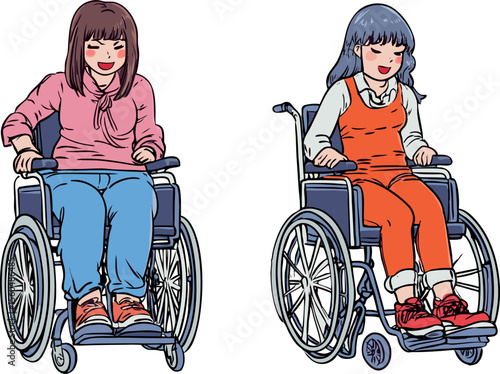 Two young women sitting in wheelchairs, smiling and enjoying their mobility, promoting inclusivity and accessibility