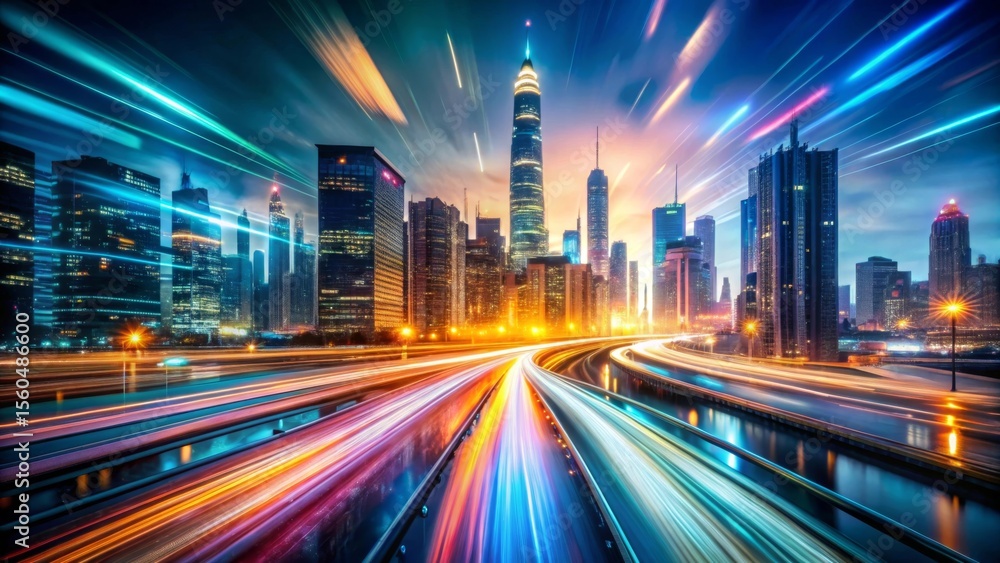 Modern City Expressway at Night with Colorful Light Trails Modern City Expressway at Night with Colorful Light Trails