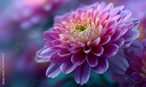 A close up shot of a purple and pink chrysanthemum flower with a yellow center