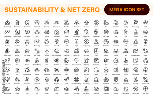Set of sustainability and Net Zero, environmental, ecological, recyling, green, organic, industry thin line icons. Linear ecology simple symbol collection.
