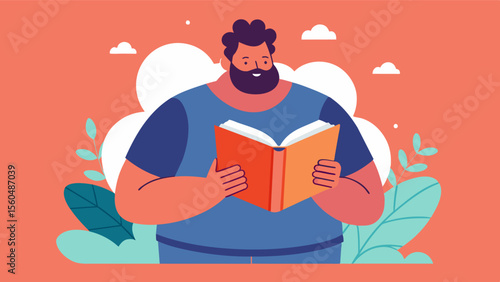 A man reading a book that challenges societal standards of beauty and encourages readers to celebrate their unique bodies.. Vector illustration
