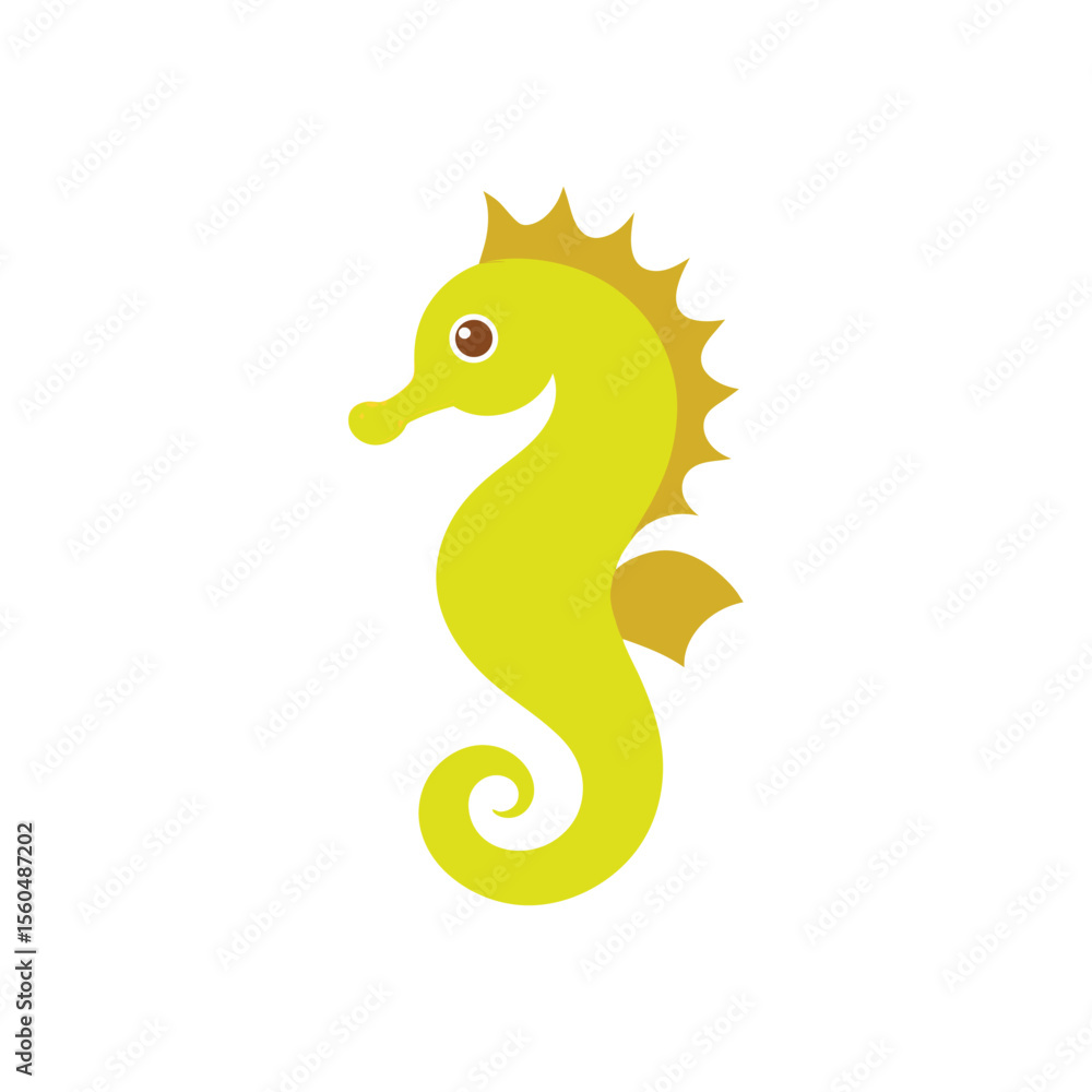 Fototapeta premium Cute cartoon yellow seahorse with a curled tail and spiky mane