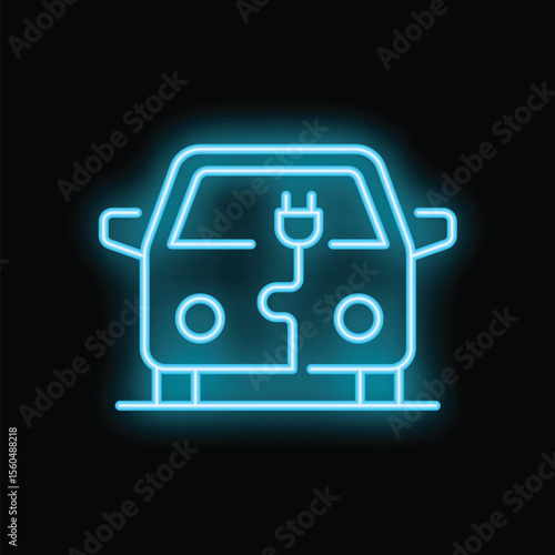 Blue neon icon of an electric car charging, symbolizing eco friendly transportation and the future of mobility