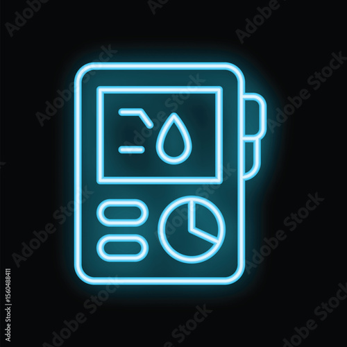 Glowing neon blue glucometer showing blood glucose level for diabetes management