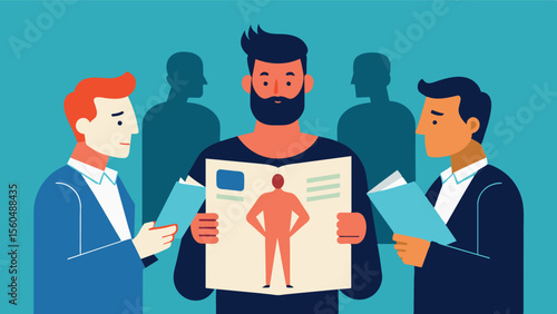 A man looks at a magazine spread featuring men in various stages of promoting a narrow standard of male attractiveness and causing him to question his own body image.. Vector illustration