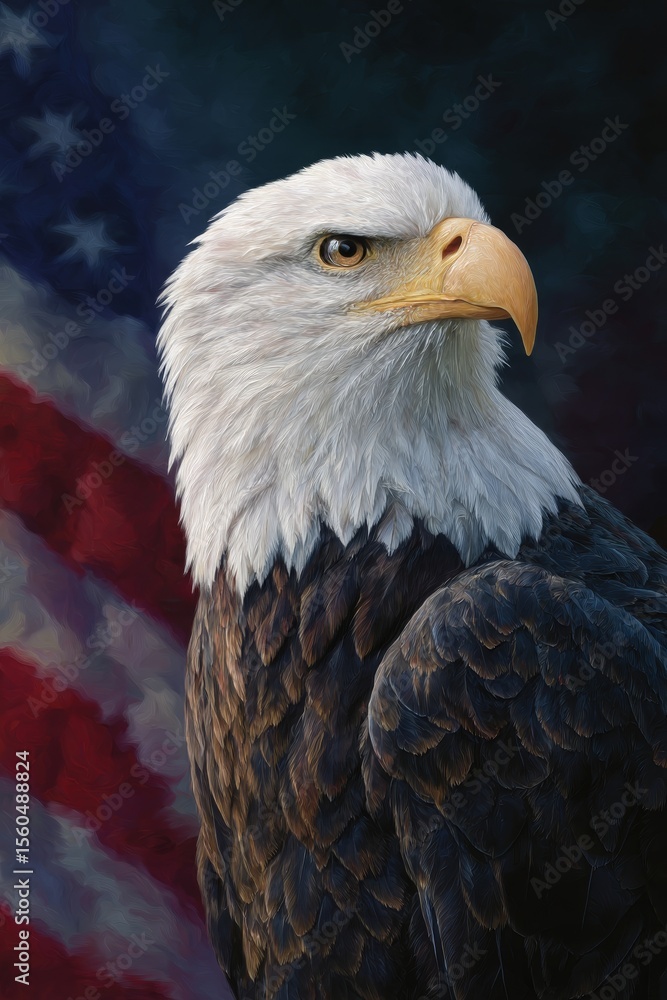 Fototapeta premium Majestic eagle portrait against american flag