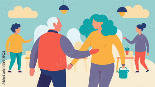A man with Alzheimers disease holding hands with his caregiver as they enter the bustling memory cafe filled with people and activities.. Vector illustration