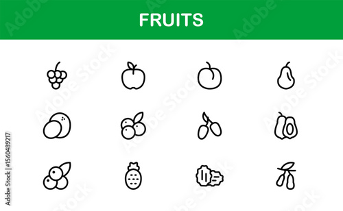 Fruits Line Icon Pack, Modern Collection. Fresh fruit line icon pack featuring modern, minimal, and professional outline symbols of popular fruits in a clean vector design style.
