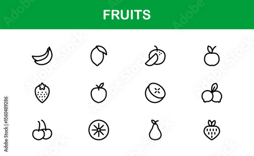 Fruits Line Icon Pack, Modern Collection. Fresh fruit line icon pack featuring modern, minimal, and professional outline symbols of popular fruits in a clean vector design style.