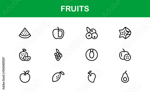 Fruits Line Icon Pack, Modern Collection. Fresh fruit line icon pack featuring modern, minimal, and professional outline symbols of popular fruits in a clean vector design style.