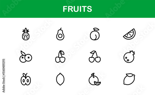 Fruits Line Icon Pack, Modern Collection. Fresh fruit line icon pack featuring modern, minimal, and professional outline symbols of popular fruits in a clean vector design style.