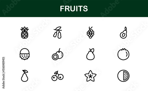 Fruits Line Icon Pack, Modern Collection. Fresh fruit line icon pack featuring modern, minimal, and professional outline symbols of popular fruits in a clean vector design style.