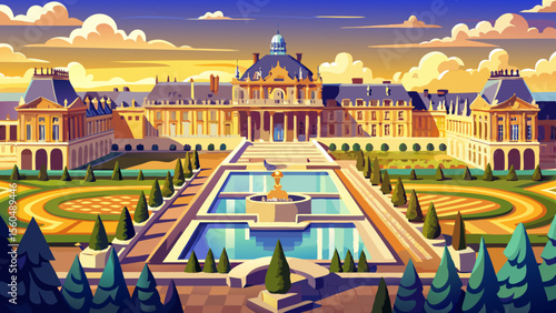 Versailles Palace in France gleams in golden splendor, with endless corridors, ornate sculptures, and expansive fountains, all bathed in soft sunlight—symbolizing the opulence of the French monarchy.