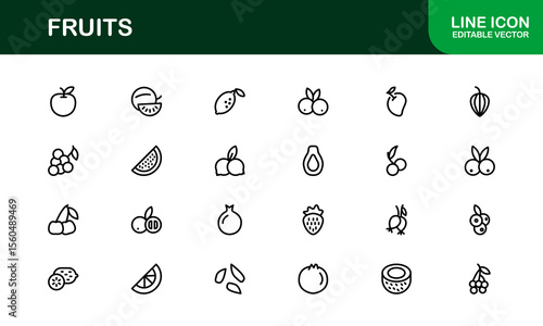 Fruits Line Icon Pack, Modern Collection. Fresh fruit line icon pack featuring modern, minimal, and professional outline symbols of popular fruits in a clean vector design style.