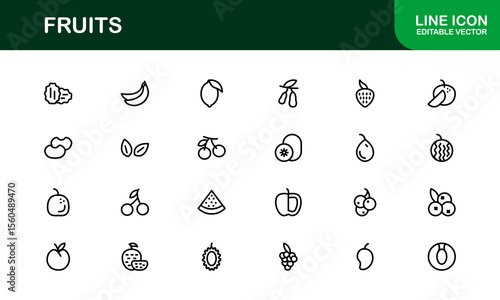 Fruits Line Icon Pack, Modern Collection. Fresh fruit line icon pack featuring modern, minimal, and professional outline symbols of popular fruits in a clean vector design style.