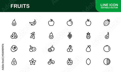 Fruits Line Icon Pack, Modern Collection. Fresh fruit line icon pack featuring modern, minimal, and professional outline symbols of popular fruits in a clean vector design style.
