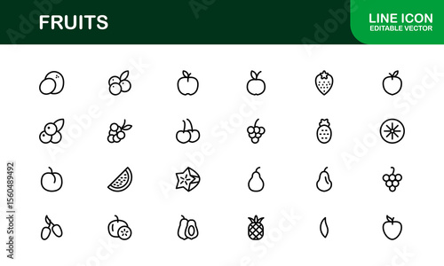 Fruits Line Icon Pack, Modern Collection. Fresh fruit line icon pack featuring modern, minimal, and professional outline symbols of popular fruits in a clean vector design style.
