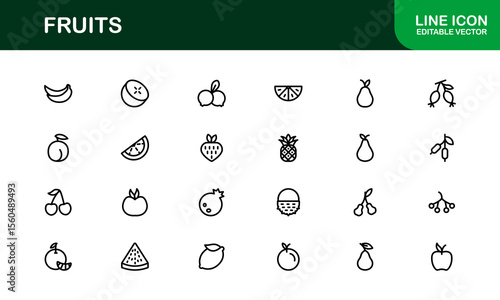 Fruits Line Icon Pack, Modern Collection. Fresh fruit line icon pack featuring modern, minimal, and professional outline symbols of popular fruits in a clean vector design style.