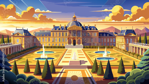 Versailles Palace in France gleams in golden splendor, with endless corridors, ornate sculptures, and expansive fountains, all bathed in soft sunlight—symbolizing the opulence of the French monarchy.