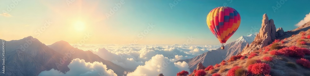 Naklejka premium Hot Air Balloon Adventure Soaring Over a Surreal Landscape of Limitless Freedom and Whimsical Wonder, Inspiring Dreams of Escape and High-Altitude Exploration