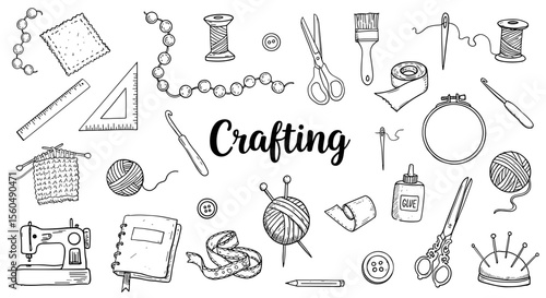 Crafting tools doodle sketch vector illustration on transparent background, DIY supplies