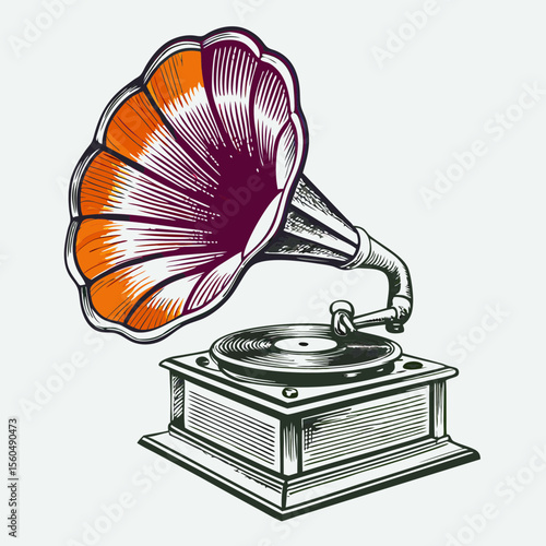 Vintage Gramophone Illustration with Colorful Horn for Music Blogs, Retro Designs, Art Prints, and Nostalgic Artwork  