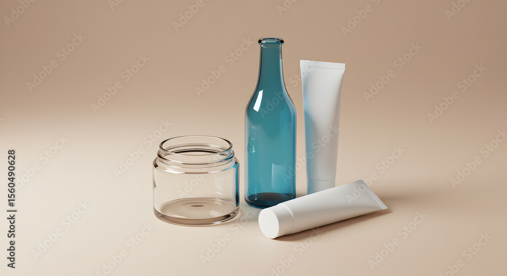 Minimalist Composition: Glass Jar, Bottle, and Tubes on Beige Background Minimalist Composition: Glass Jar, Bottle, and Tubes on Beige Background