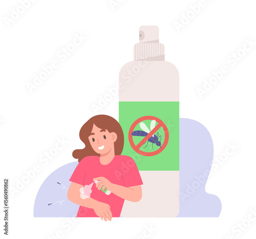 Big bottle of anti mosquito spray with young woman is using mosquito repellent spray to prevent mosquito bites. Dengue or Malaria fever prevention. Flat vector illustration.