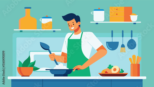 In the kitchen a man prepares a delicious and nourishing meal for himself mindful of the ingredients and taking time to enjoy the process.. Vector illustration