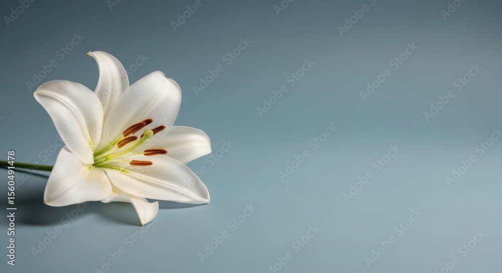 Fototapeta premium Single white lily flower on a blue background showcasing elegance and purity perfect for sympathy cards and funeral