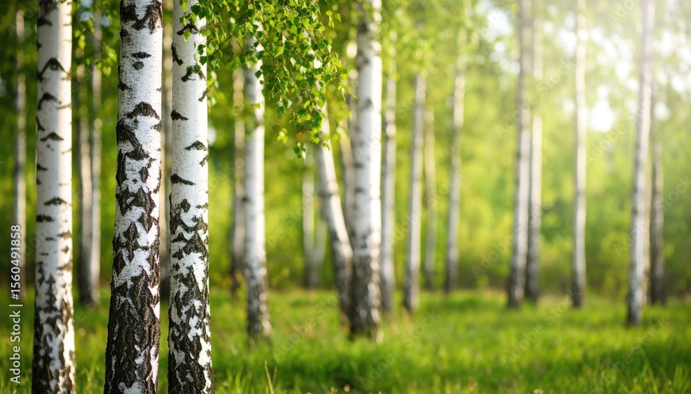Obraz premium Lush green birch forest with sunlight filtering through leaves, creating a serene atmosphere